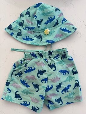 Kids Dino Swim Set - Mint Blue Hat & Shorts